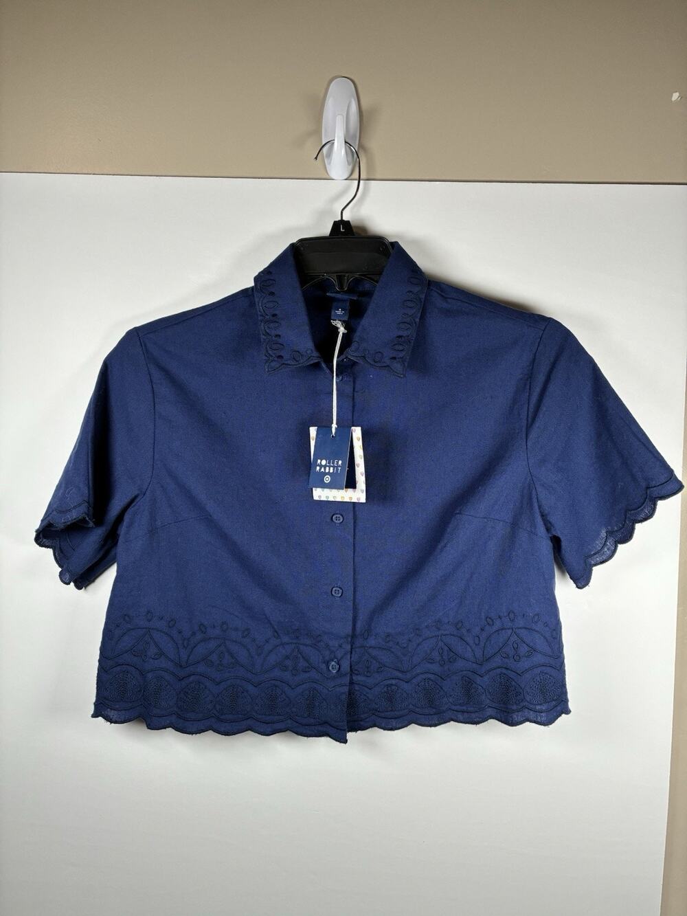 Roller Rabbit Target Womens S Navy Eyelet Cropped Shirt NWT Coquette Preppy